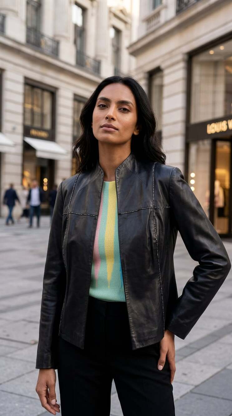 Siena Collection Black Genuine Leather Open Front Jacket with Bead Detail